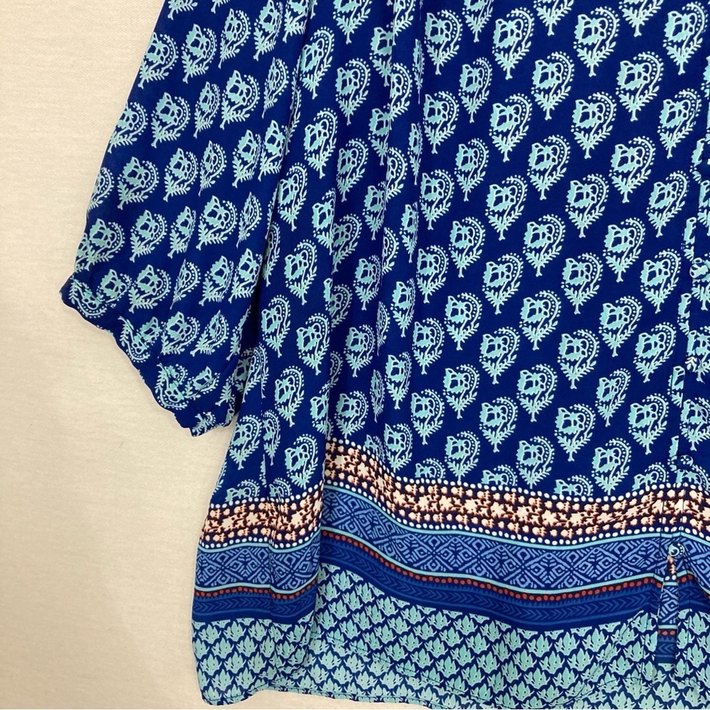 Rose & Olive Blue Floral Boho Print Smocked Back Soft Lightweight Blouse‎ 2X - Picture 3 of 10